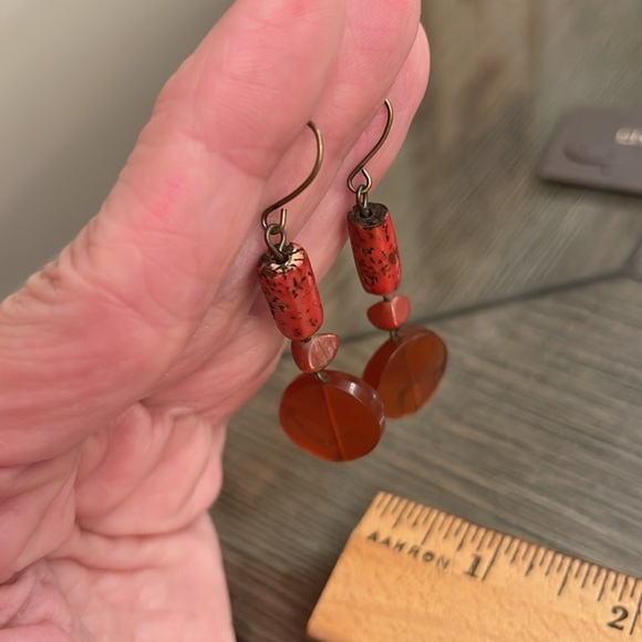 Chico’s Corva Earrings Reddish Orange Wooden & Acrylic Dangle Earrings - Picture 10 of 11